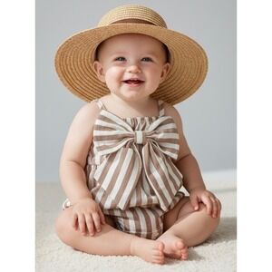 NEW Striped Tan White Size 6-9M Bow Front CottonRomper One Piece Sunsuit